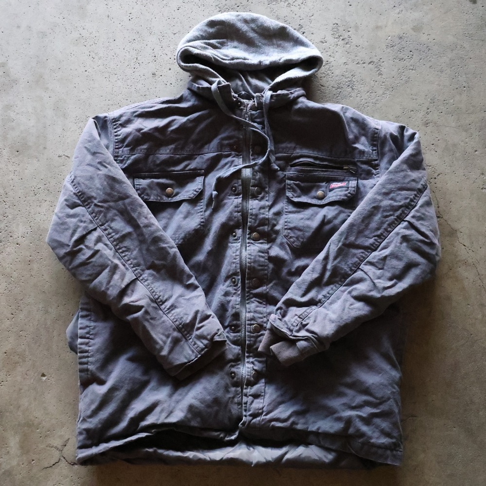 Genuine Dickies Hooded Canvas Shirt Jacket Mens Size Large Gray Quilted Lined